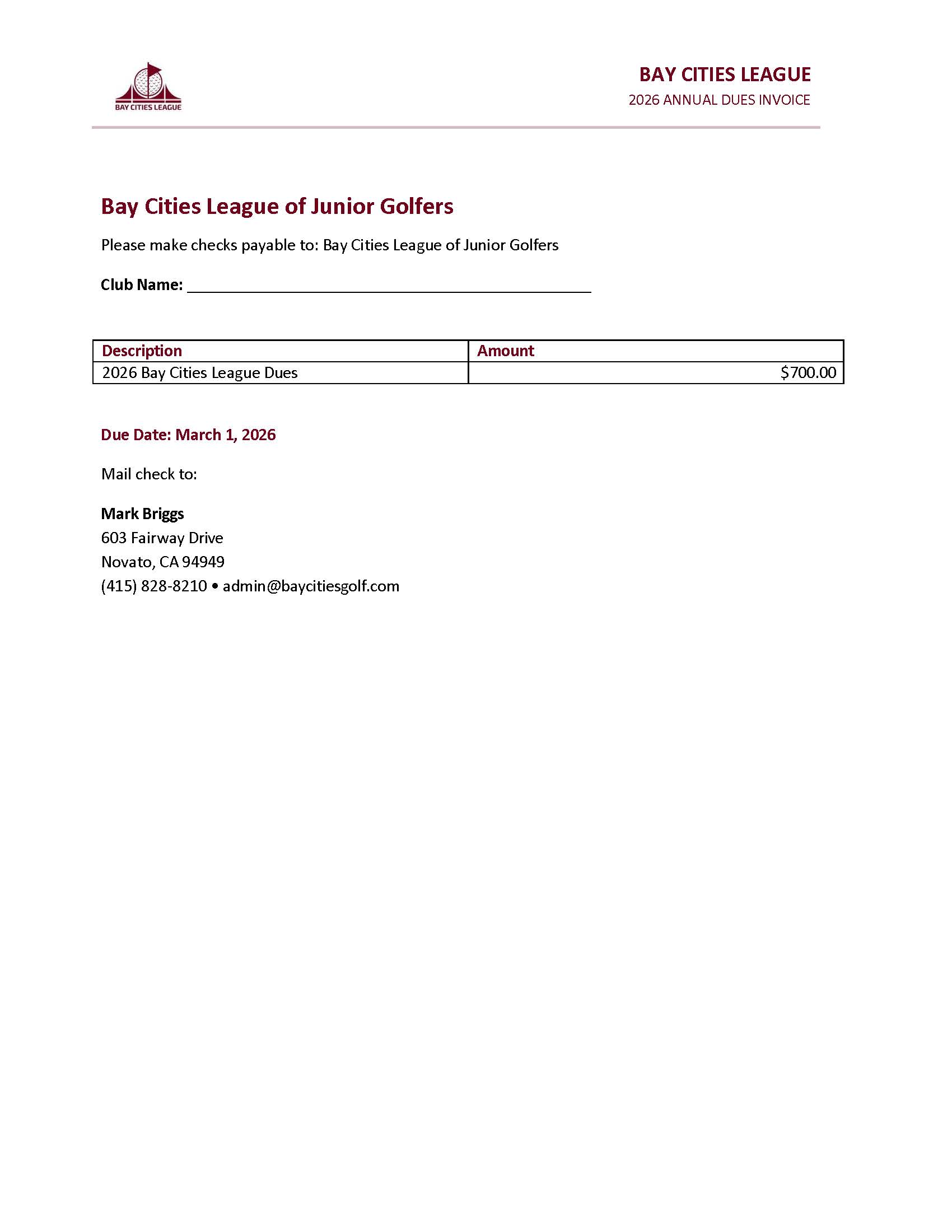 2026_Annual_Dues_Invoice_Bay_Cities_league_Golf
